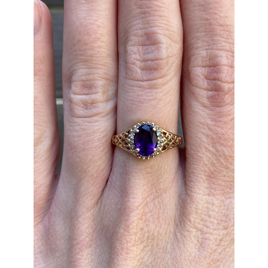 Vintage Solid 14k Yellow Gold Diamond Halo Amethyst Open Work Ring - Size 6.75