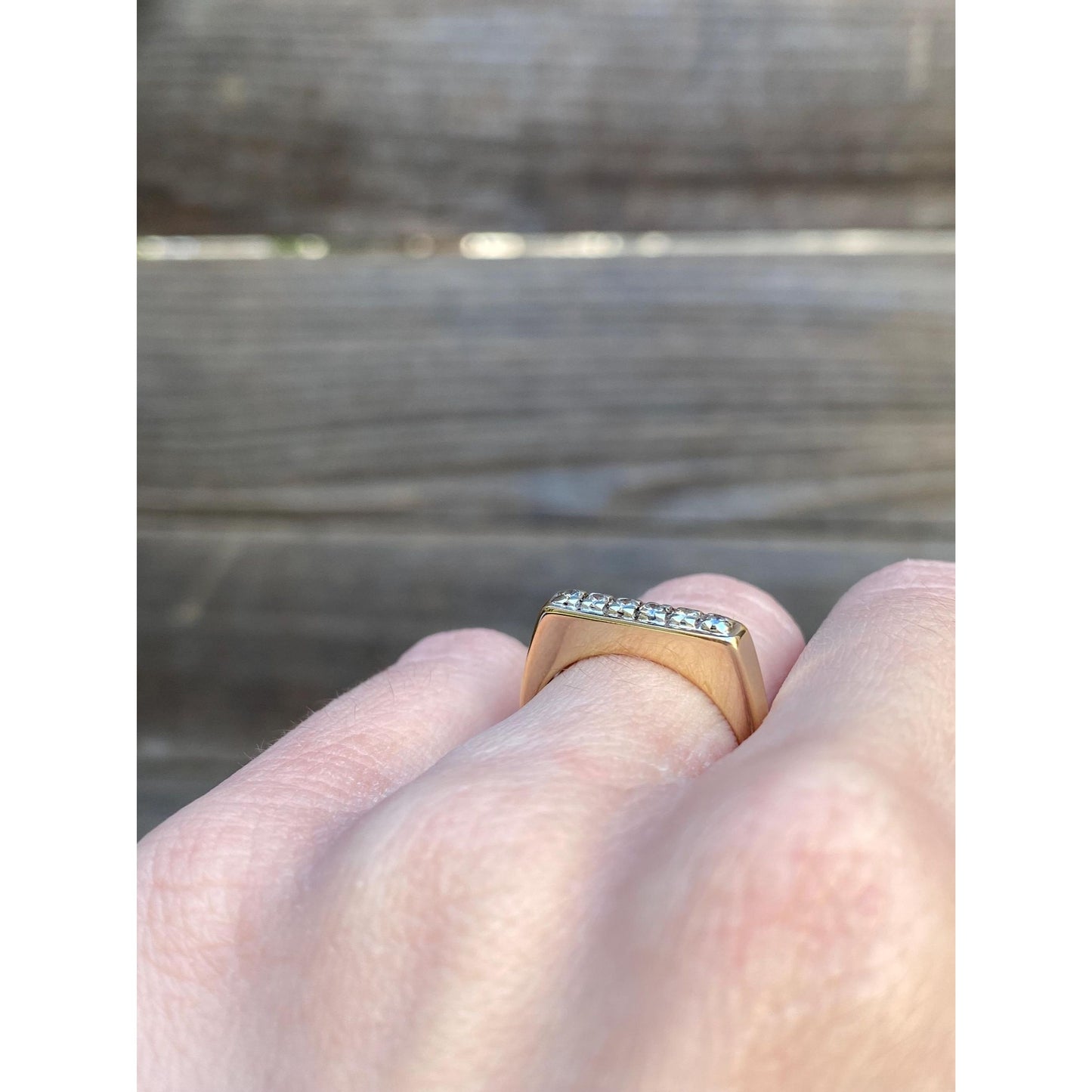 Vintage Solid 14k White & Yellow Gold Diamond Signet Ring - Size 5.5