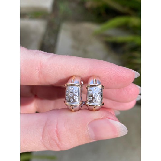 Vintage Solid 14k White & Yellow Gold Diamond Dotted Drop Earrings