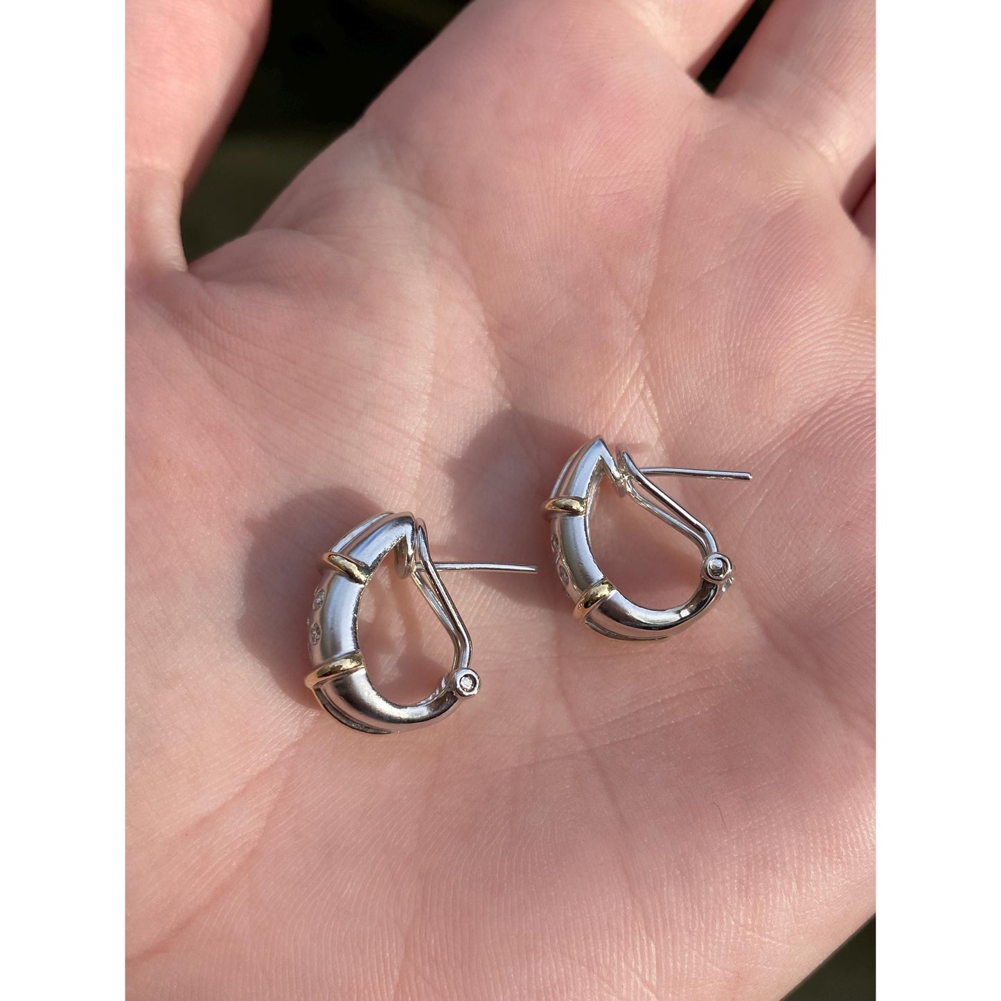 Vintage Solid 14k White & Yellow Gold Diamond Dotted Drop Earrings