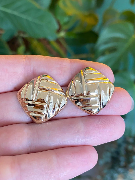 Vintage Solid 14k Yellow Gold Square Domed Stud Earrings