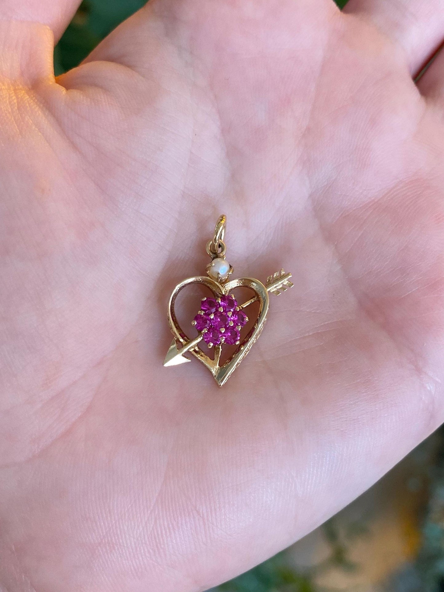Vintage Solid 14k Yellow Gold Pink Sapphire Pearl Heart Arrow Charm