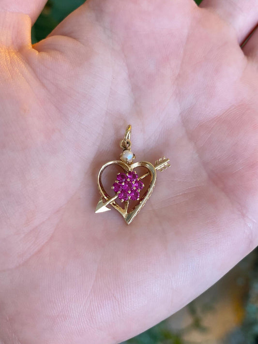 Vintage Solid 14k Yellow Gold Pink Sapphire Pearl Heart Arrow Charm