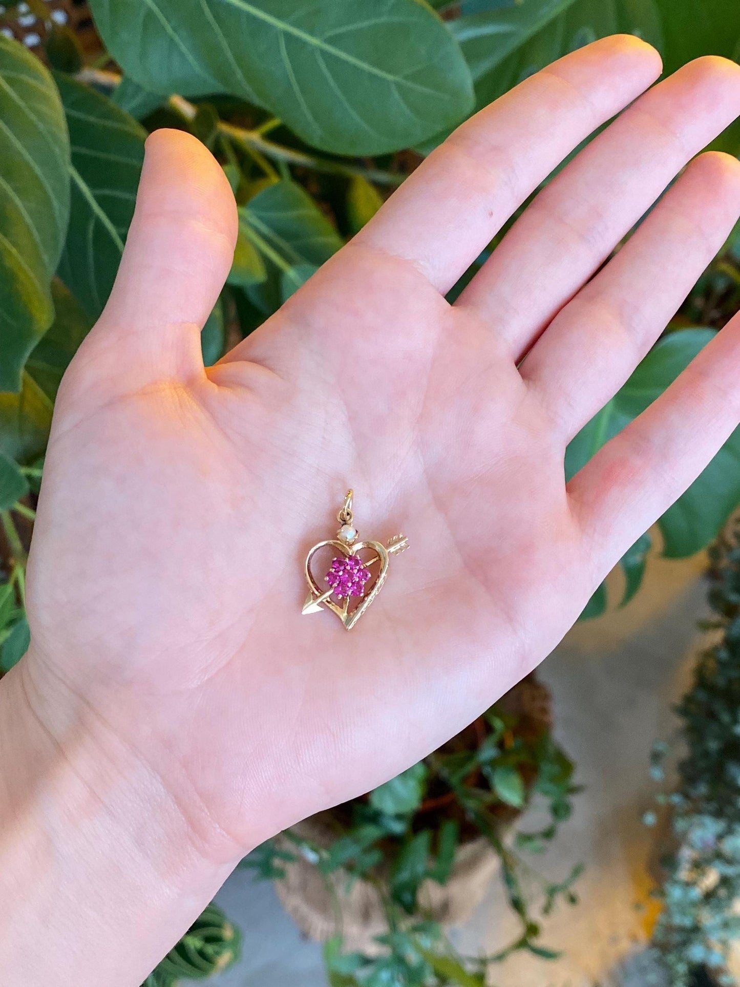 Vintage Solid 14k Yellow Gold Pink Sapphire Pearl Heart Arrow Charm
