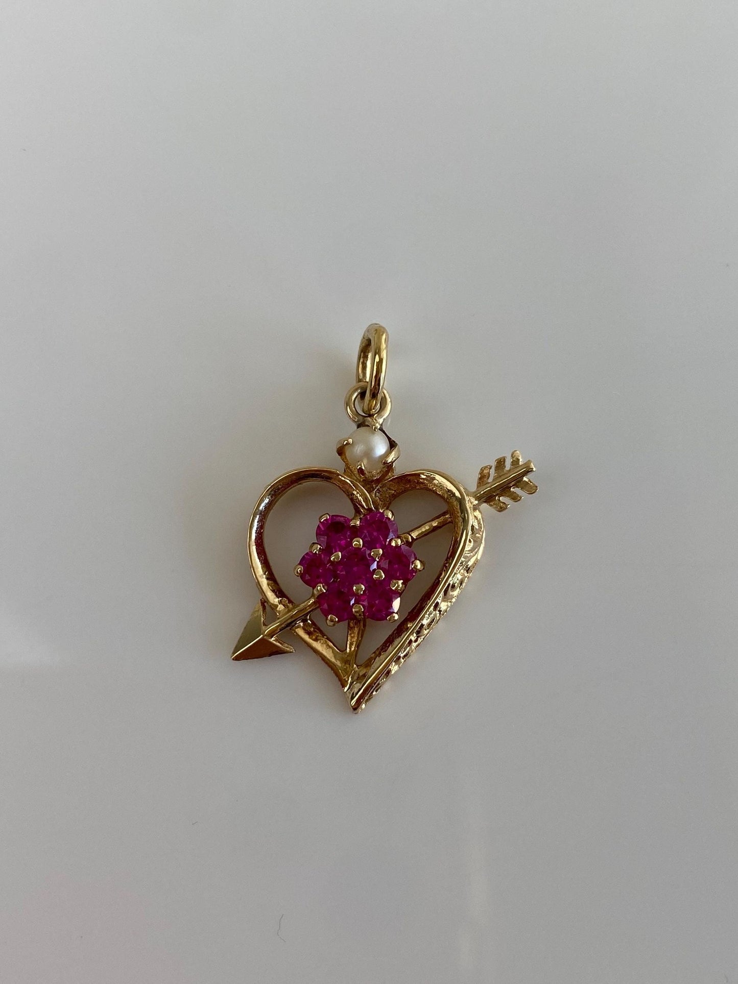 Vintage Solid 14k Yellow Gold Pink Sapphire Pearl Heart Arrow Charm