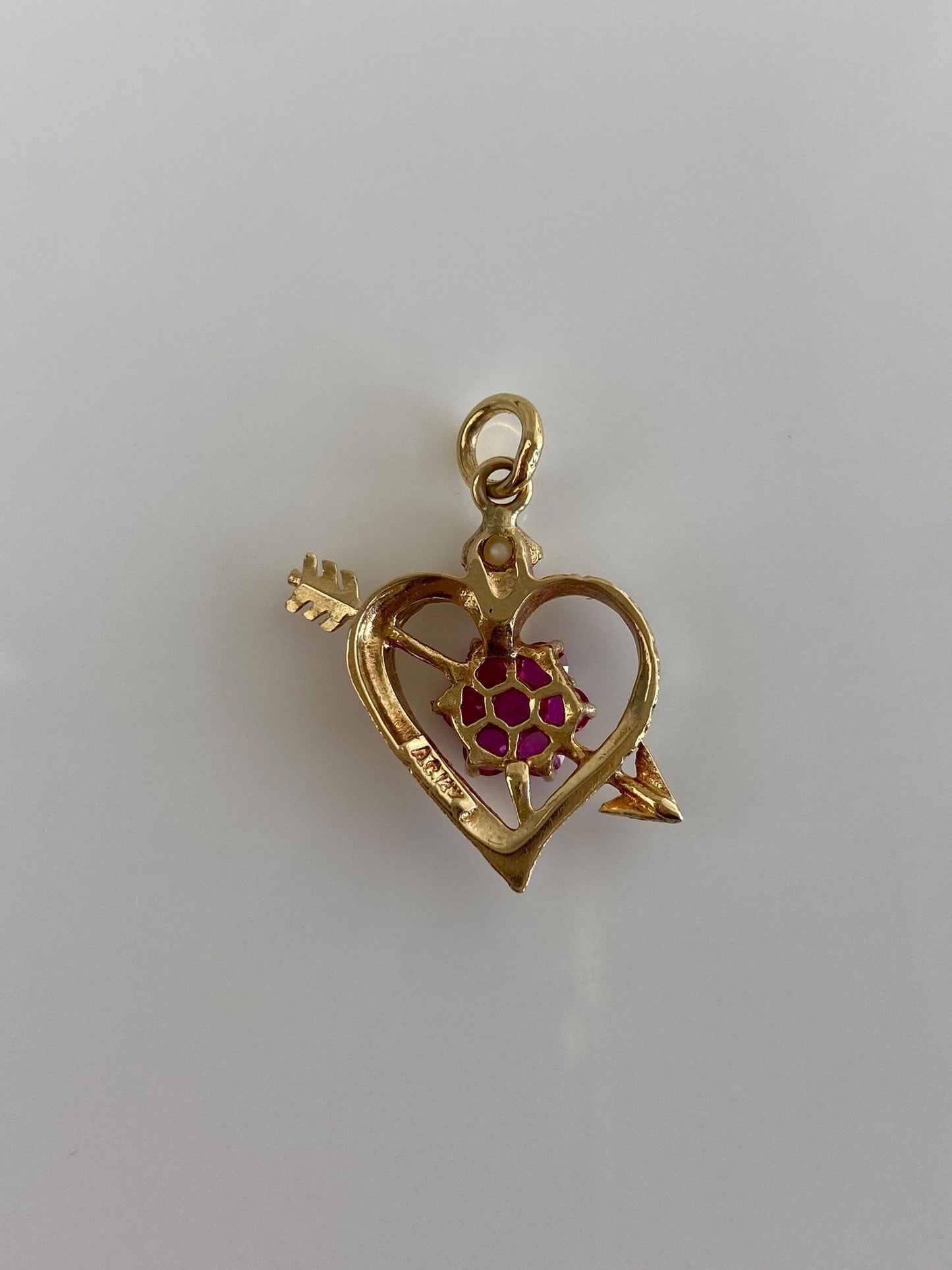 Vintage Solid 14k Yellow Gold Pink Sapphire Pearl Heart Arrow Charm