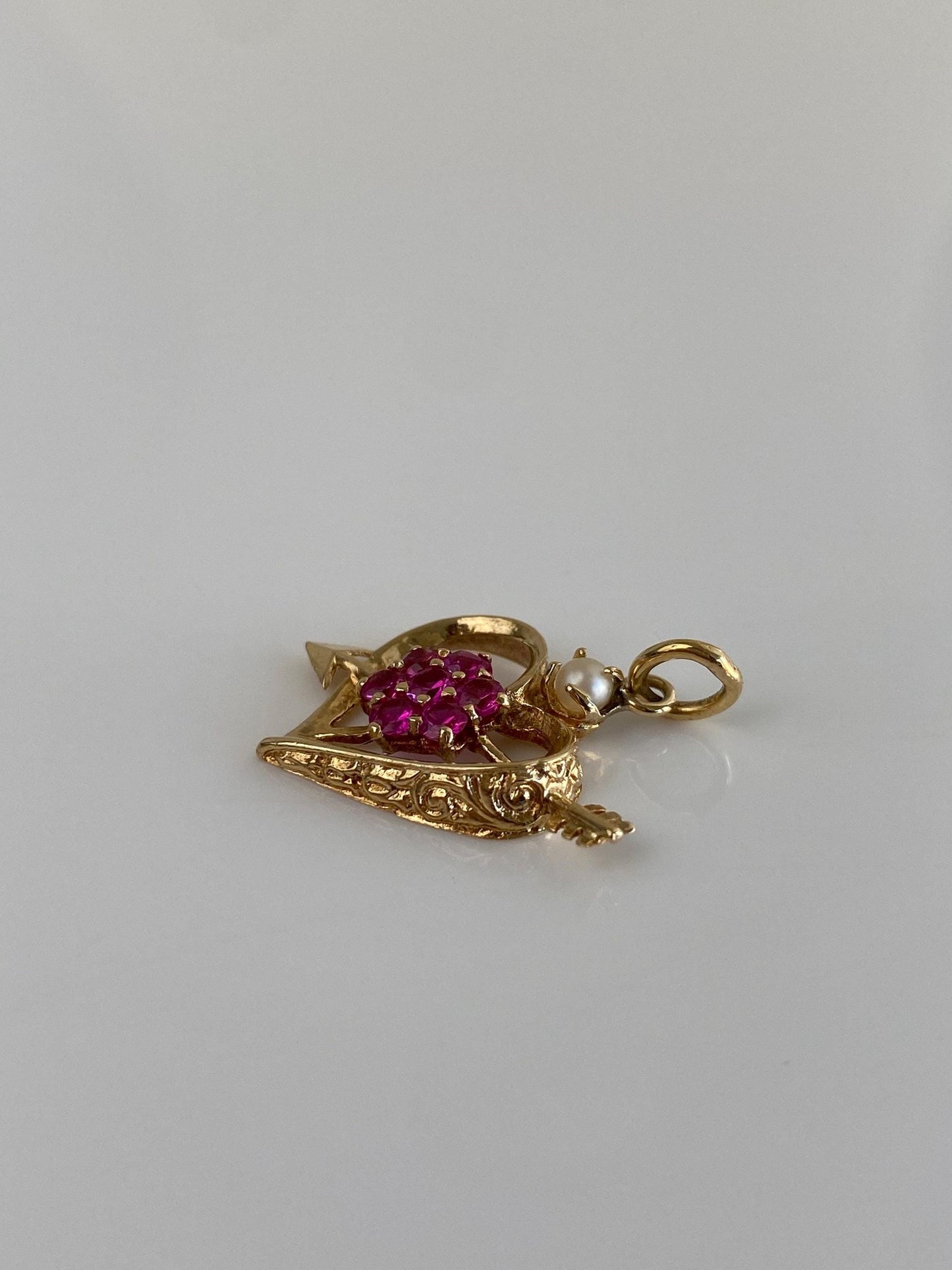 Vintage Solid 14k Yellow Gold Pink Sapphire Pearl Heart Arrow Charm