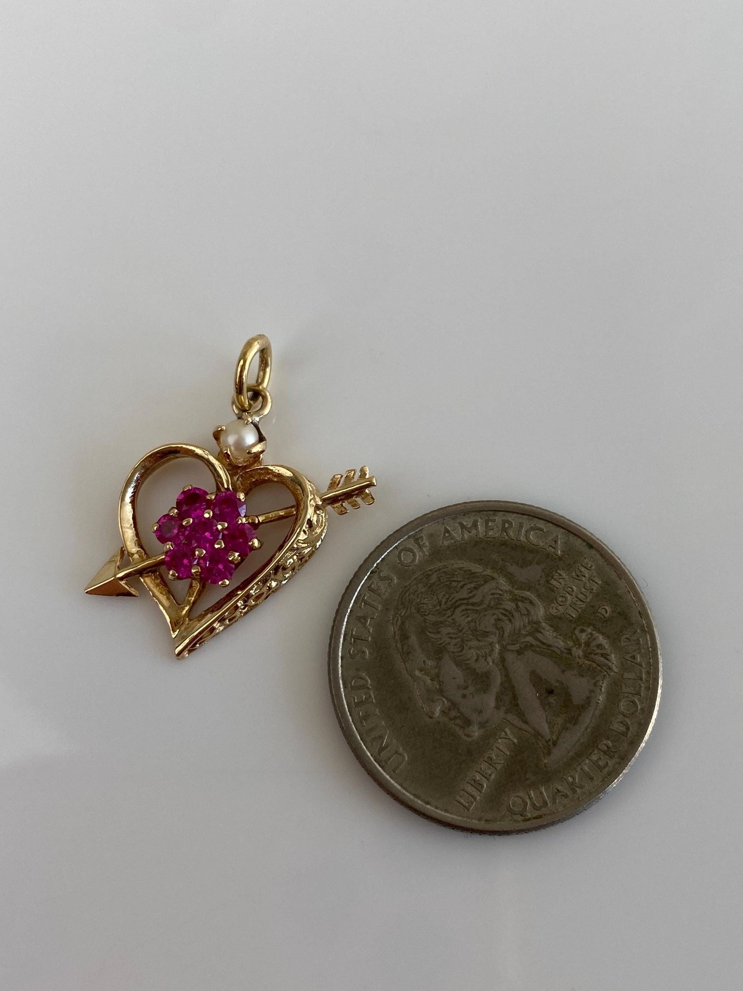 Vintage Solid 14k Yellow Gold Pink Sapphire Pearl Heart Arrow Charm
