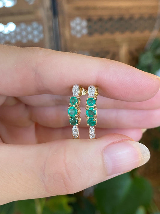 Vintage Solid 14k Yellow Gold Diamond Emerald Drop Earrings