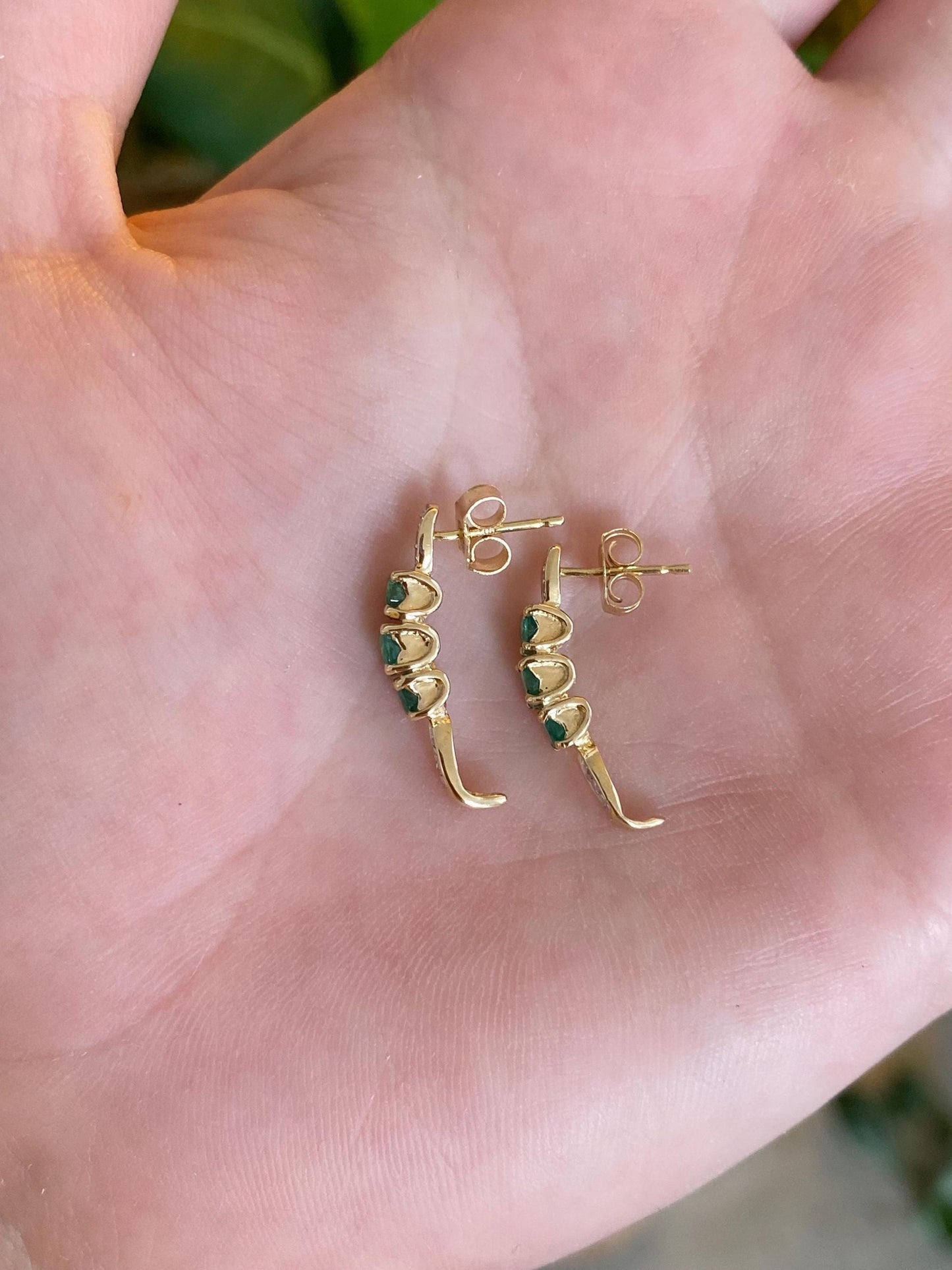Vintage Solid 14k Yellow Gold Diamond Emerald Drop Earrings