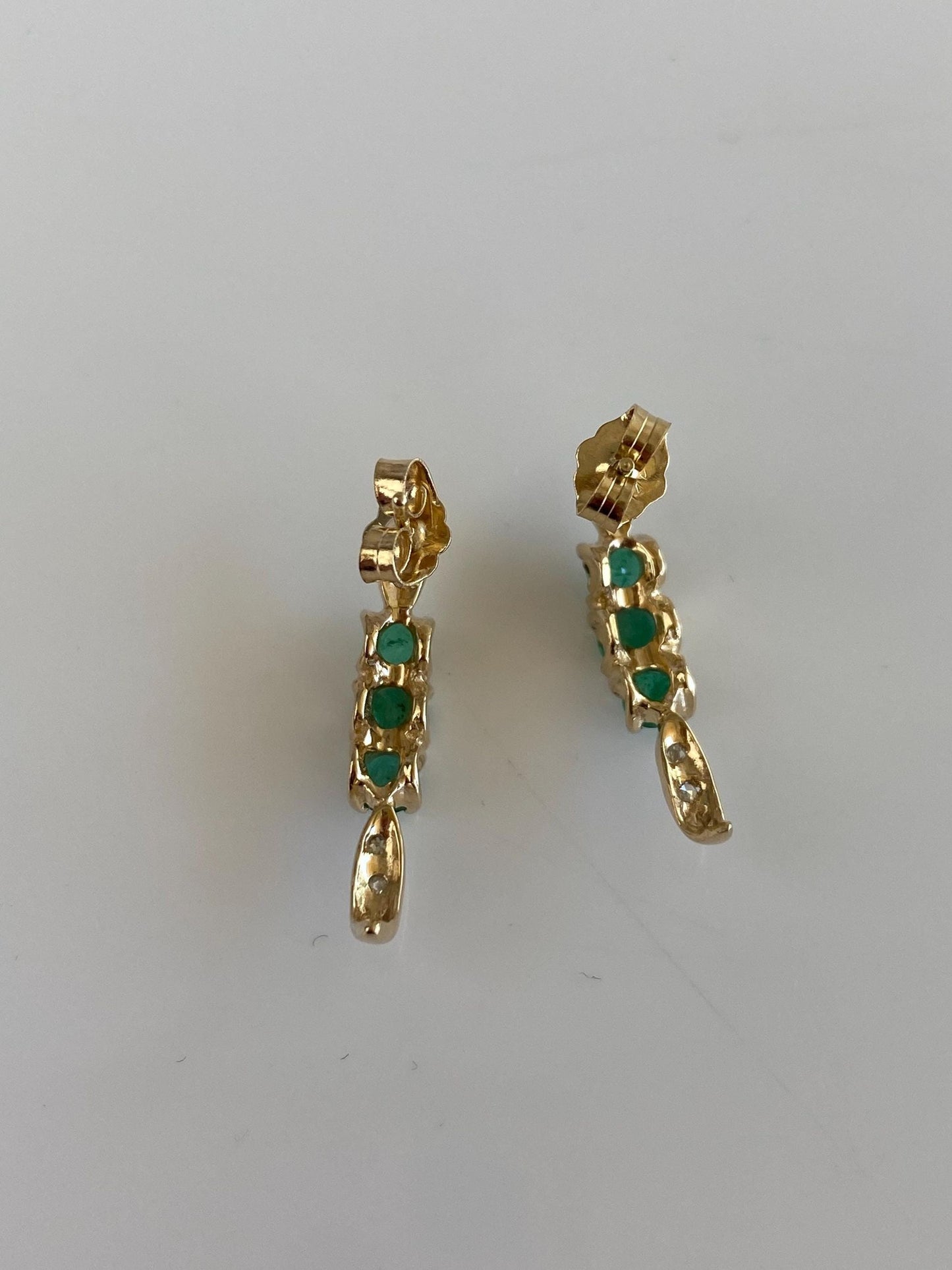 Vintage Solid 14k Yellow Gold Diamond Emerald Drop Earrings