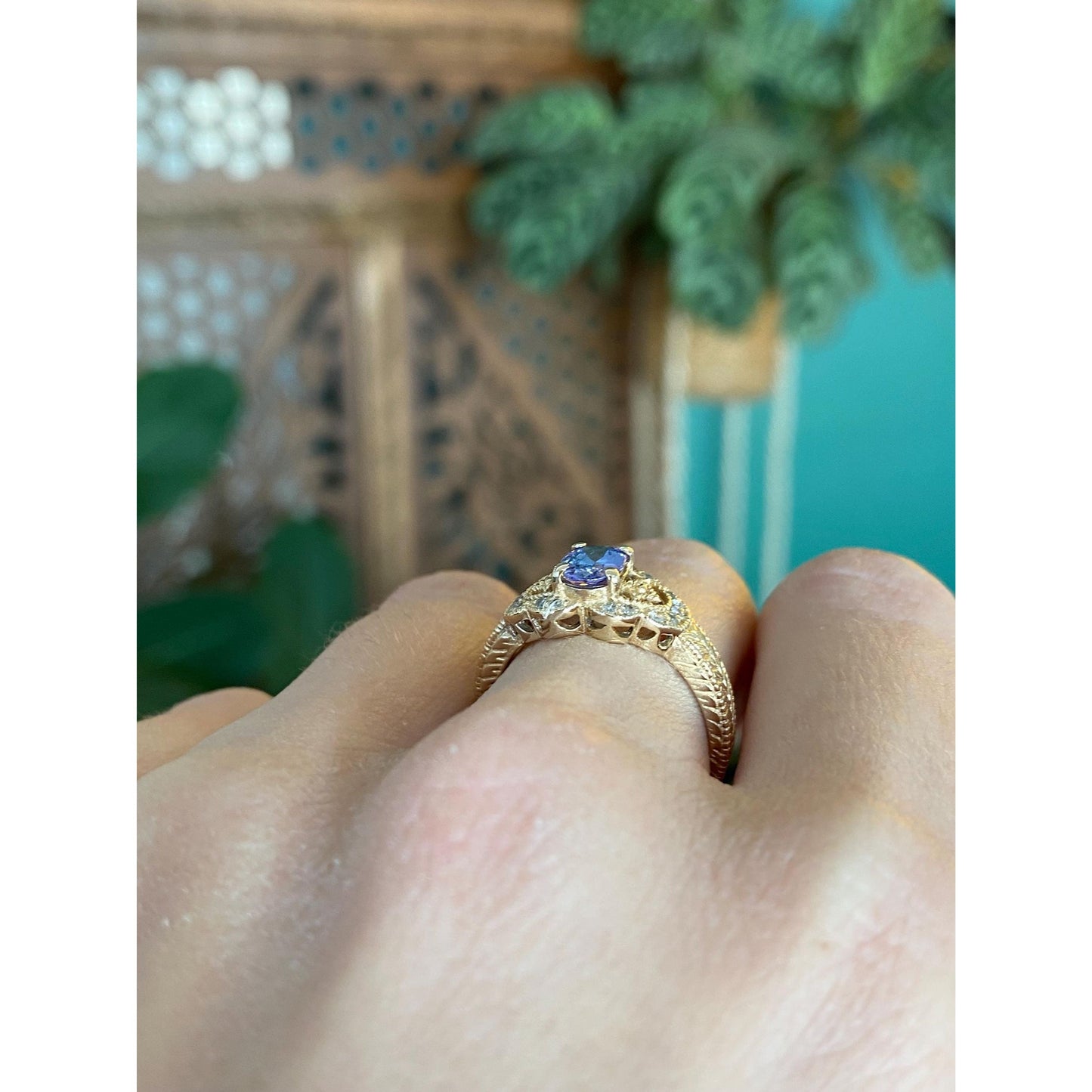 Solid 14k Yellow Gold Diamond Tanzanite Ring - Size 6