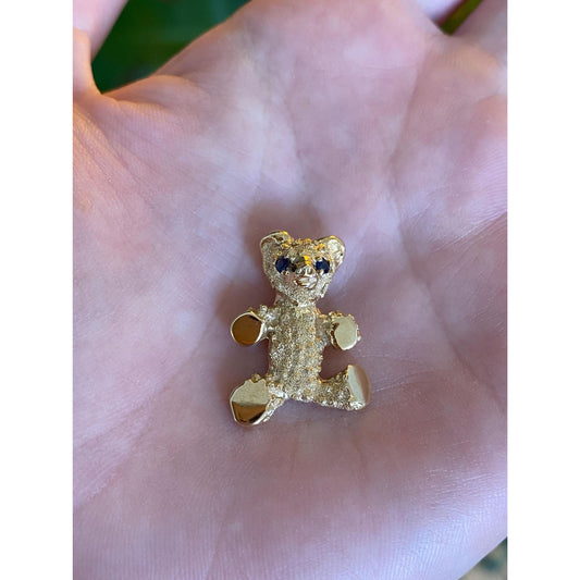 Solid 14k Yellow Gold Sapphire Teddy Bear Charm