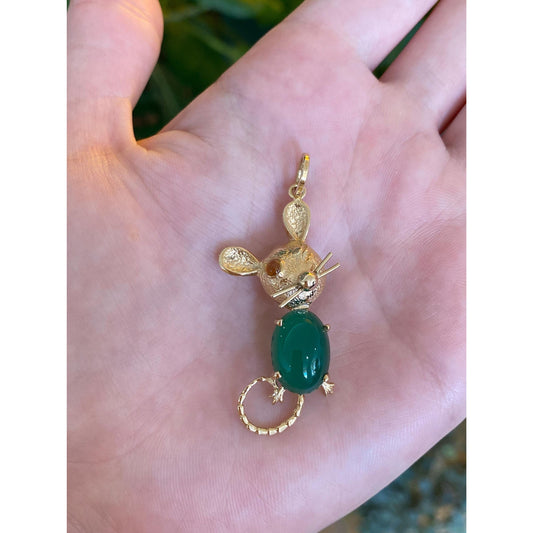 Vintage Solid 14k Yellow Gold Citrine Green Chalcedony Mouse Charm