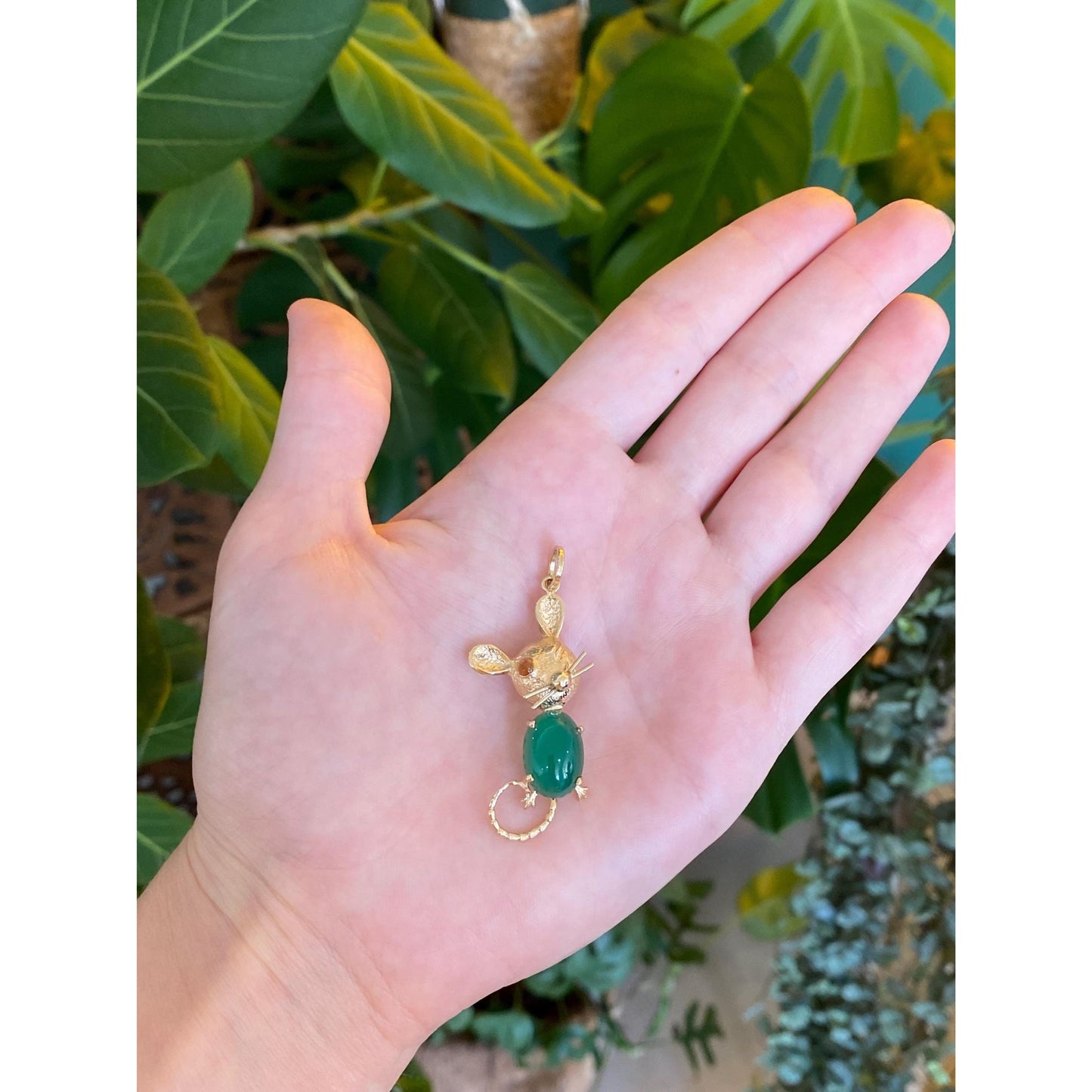 Vintage Solid 14k Yellow Gold Citrine Green Chalcedony Mouse Charm