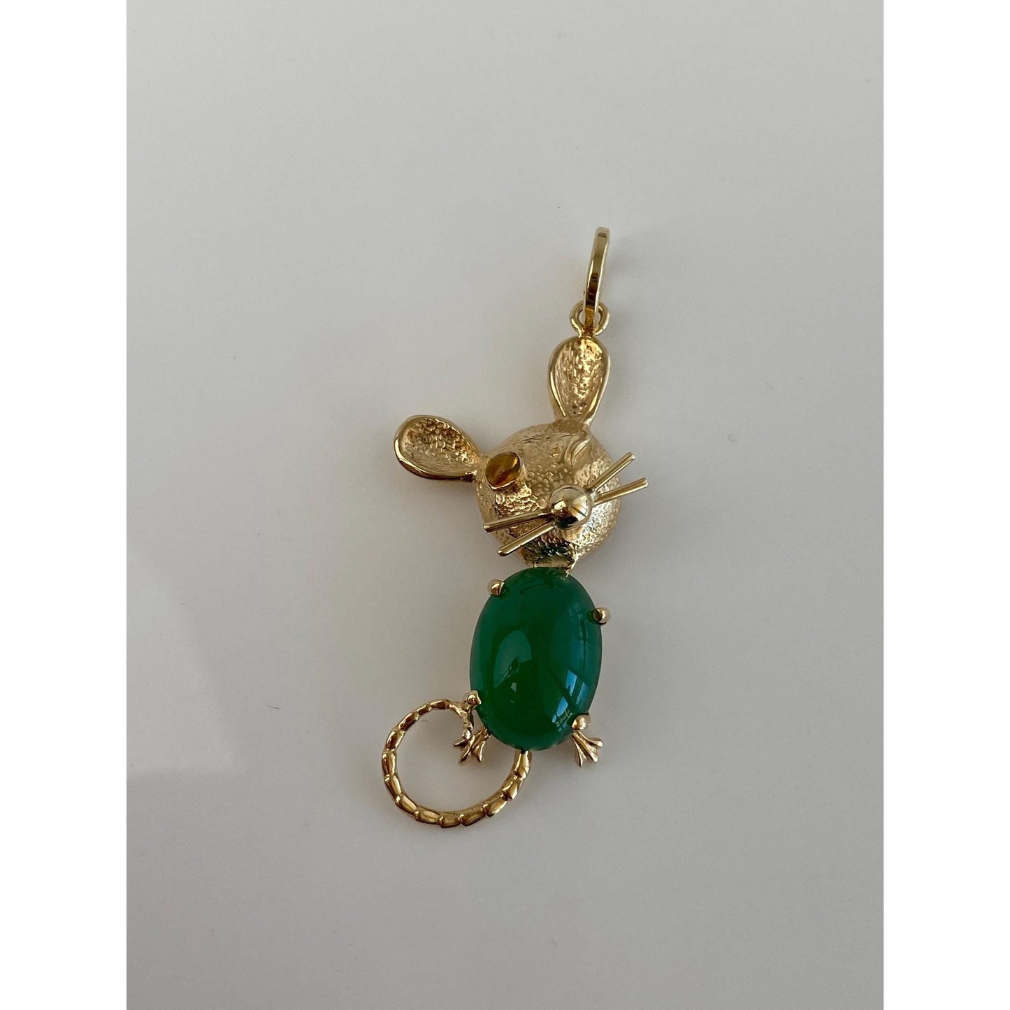 Vintage Solid 14k Yellow Gold Citrine Green Chalcedony Mouse Charm