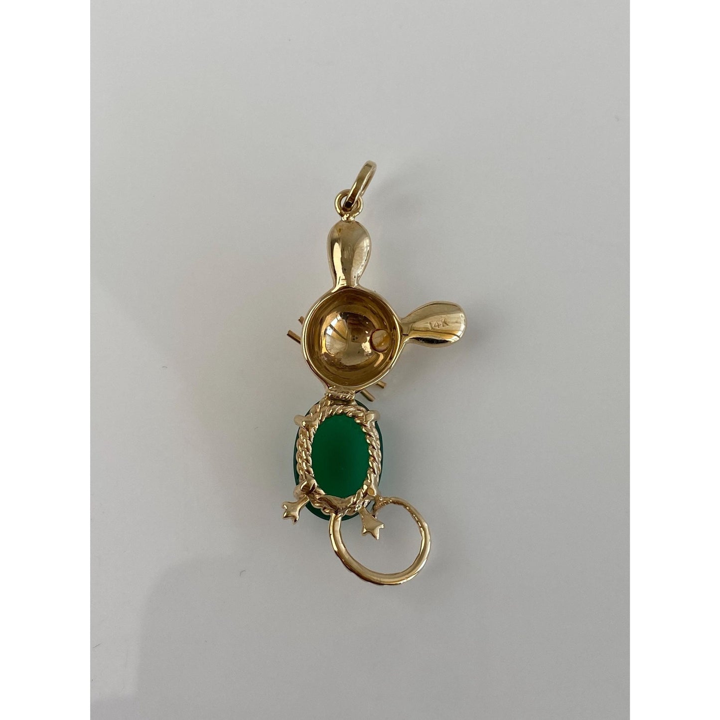 Vintage Solid 14k Yellow Gold Citrine Green Chalcedony Mouse Charm