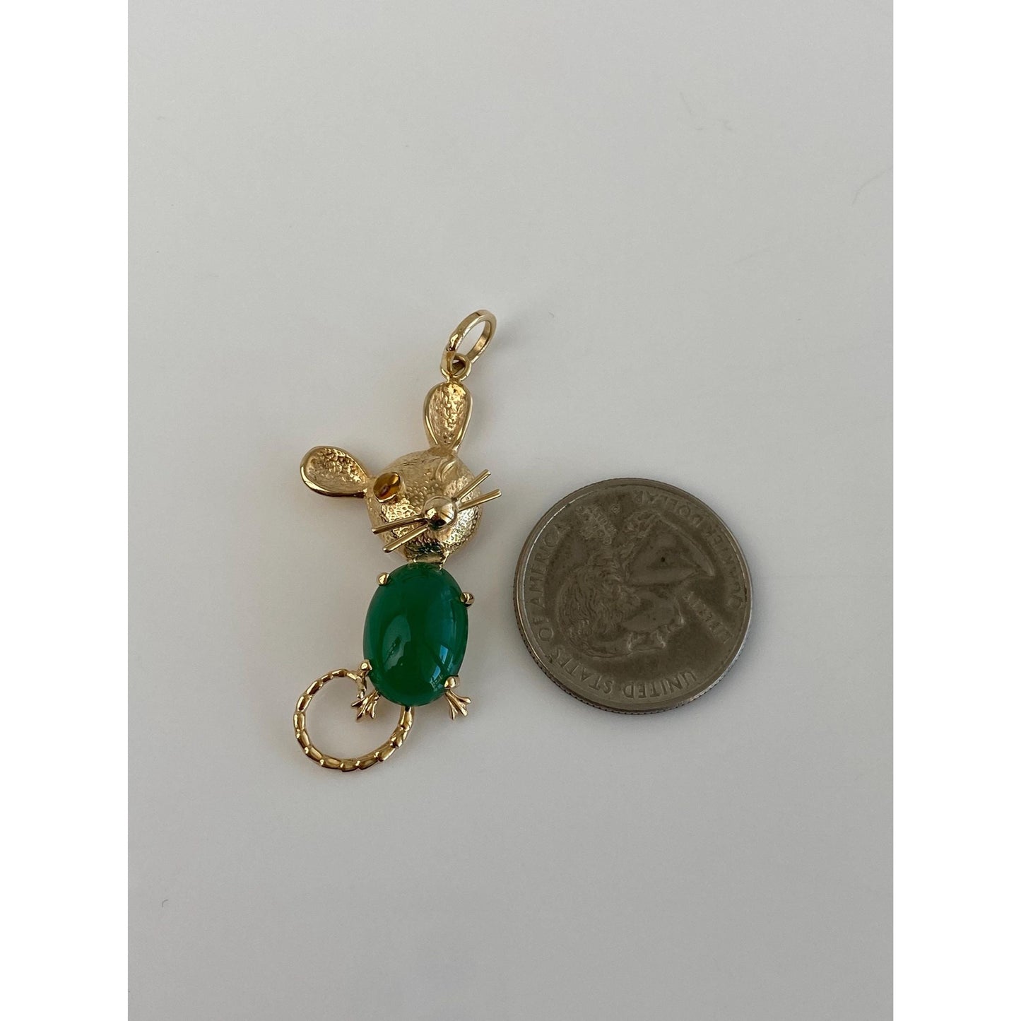 Vintage Solid 14k Yellow Gold Citrine Green Chalcedony Mouse Charm