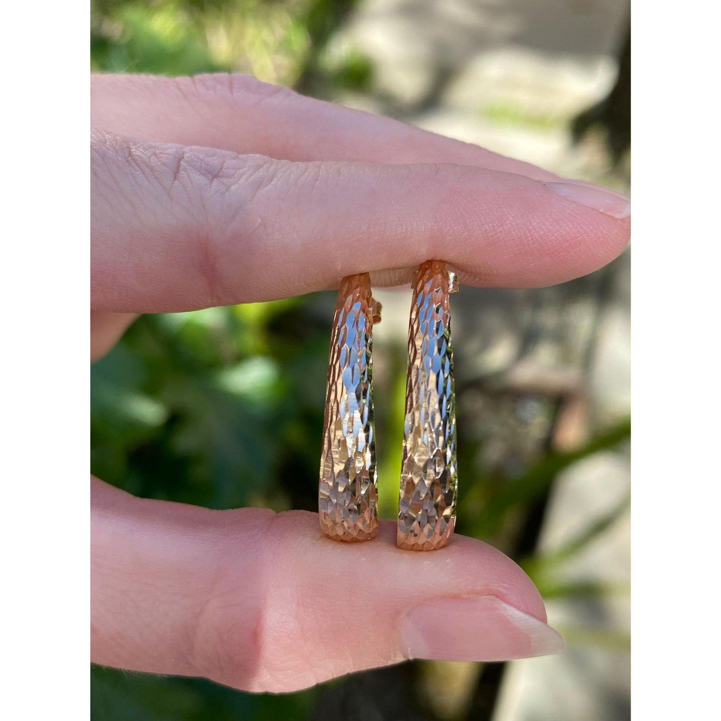 Vintage Solid 14k Yellow Gold Textured Oval Half Hoop Earrings