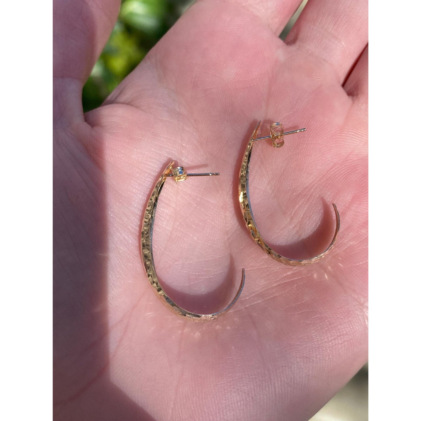 Vintage Solid 14k Yellow Gold Textured Oval Half Hoop Earrings
