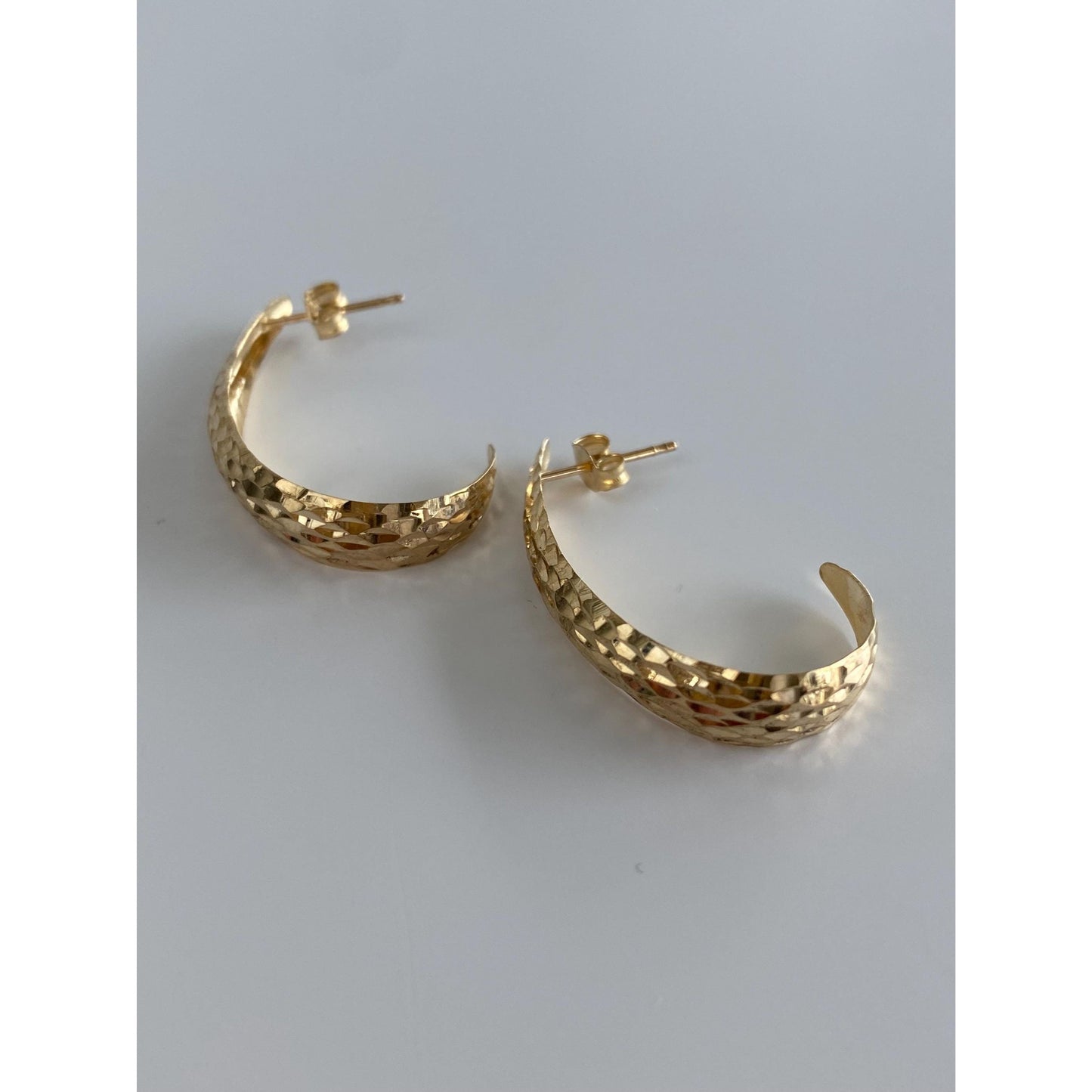 Vintage Solid 14k Yellow Gold Textured Oval Half Hoop Earrings