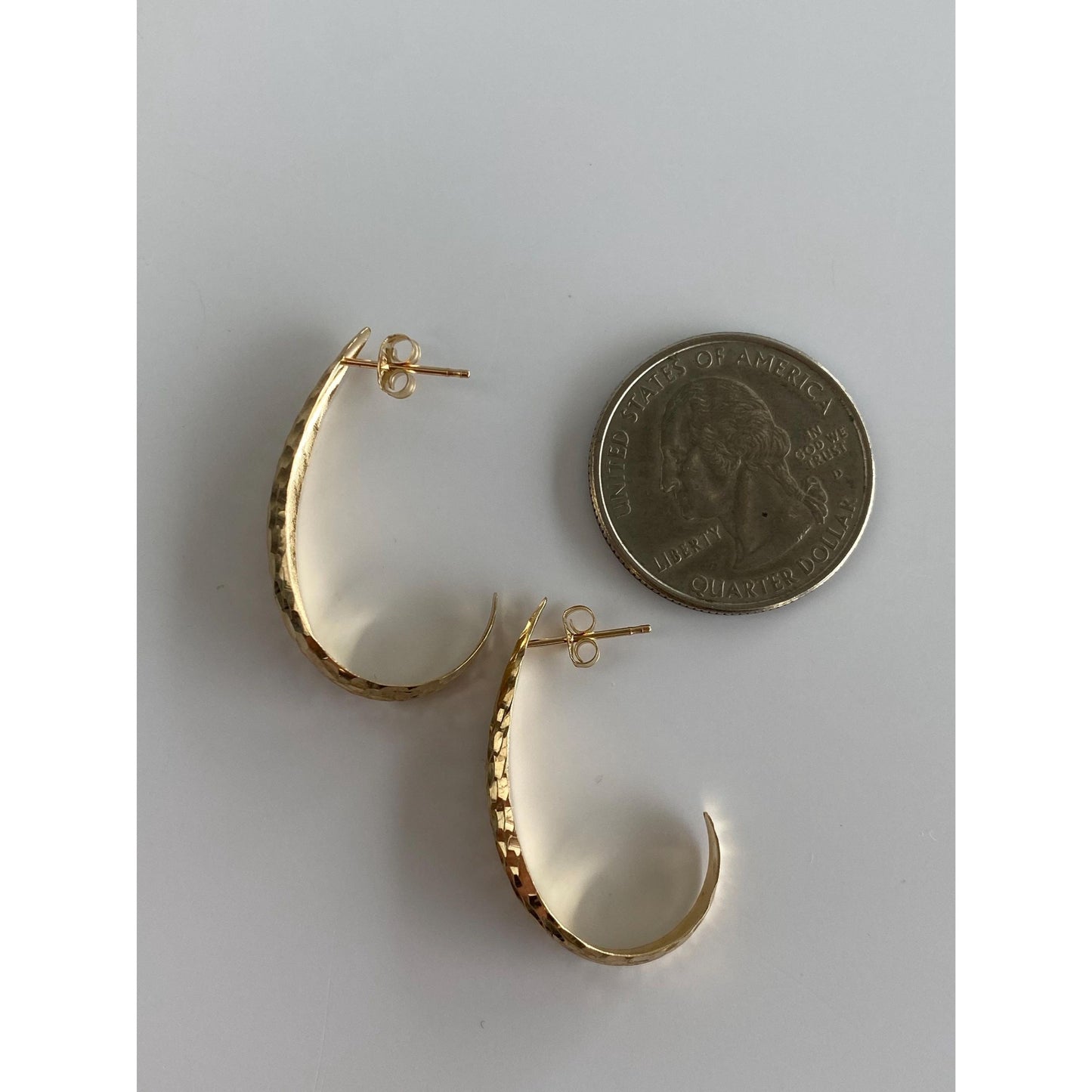 Vintage Solid 14k Yellow Gold Textured Oval Half Hoop Earrings