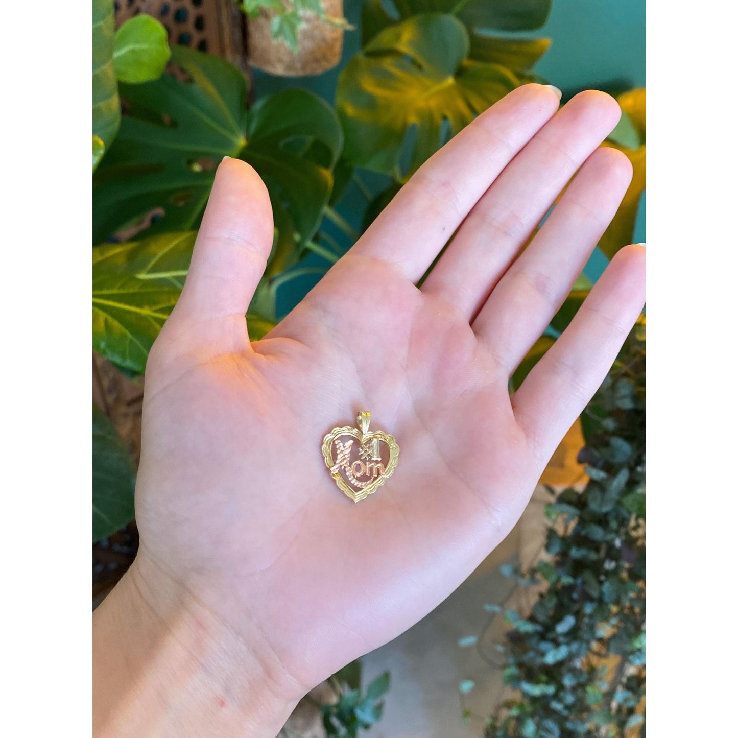 Solid 14k Tri Tone Gold #1 Mom Heart Charm