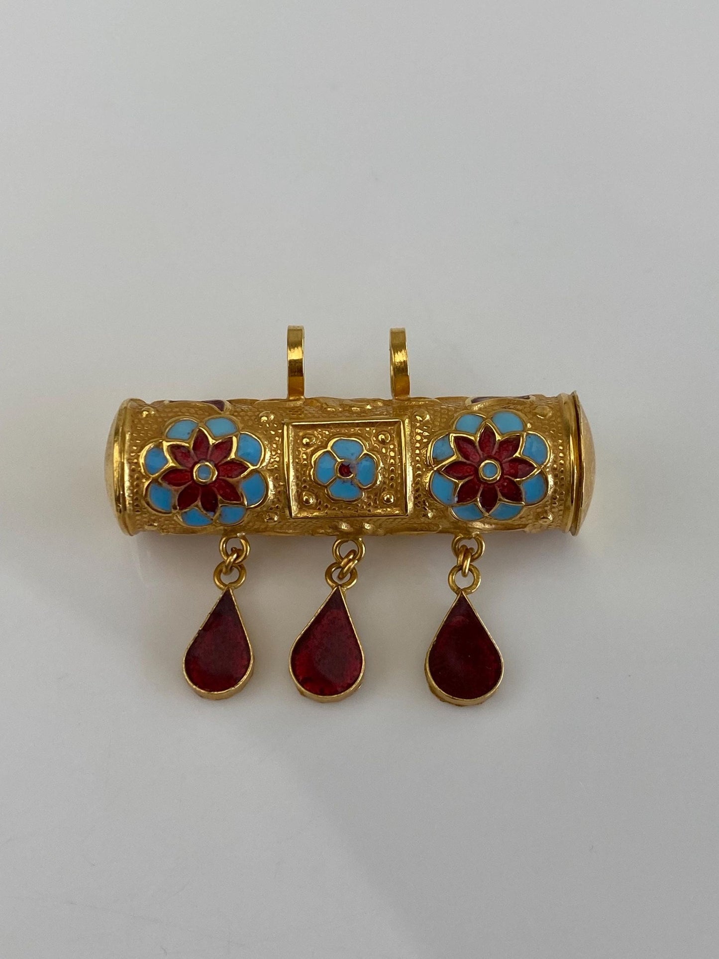 Vintage 22k Yellow Gold Red Blue Enamel Teardrop Fringe Tube Charm