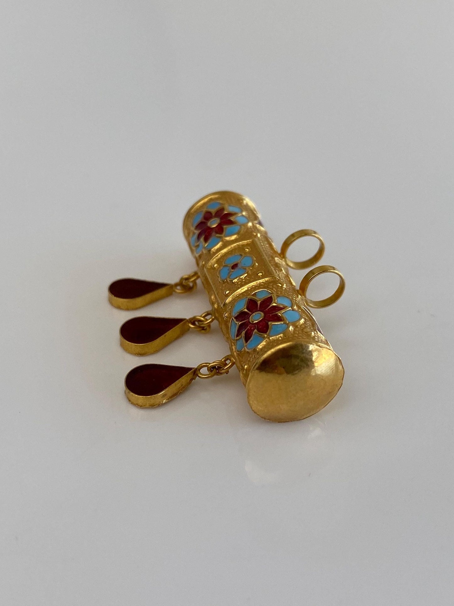 Vintage 22k Yellow Gold Red Blue Enamel Teardrop Fringe Tube Charm