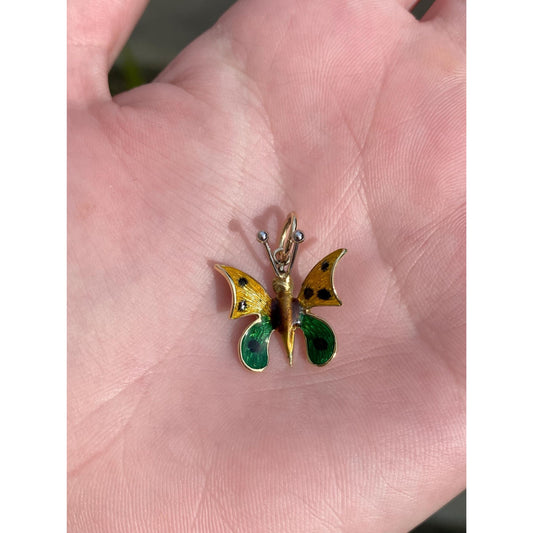 Vintage Solid 18k Yellow Gold Enamel Butterfly Charm
