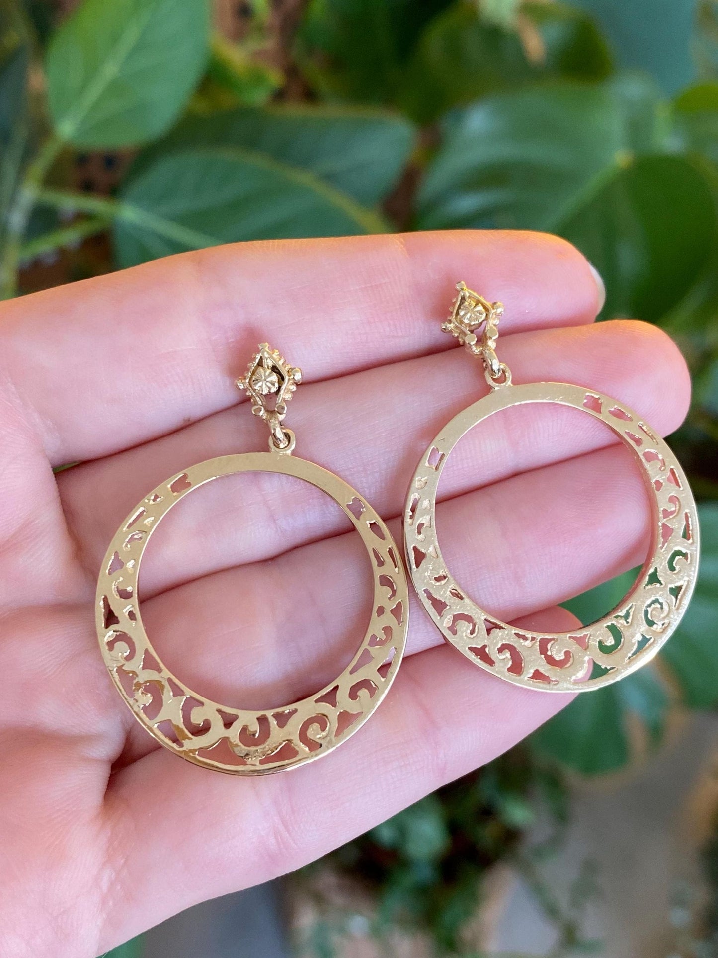 Vintage Solid 14k Yellow Gold Open Work Hoop Dangle Stud Earrings
