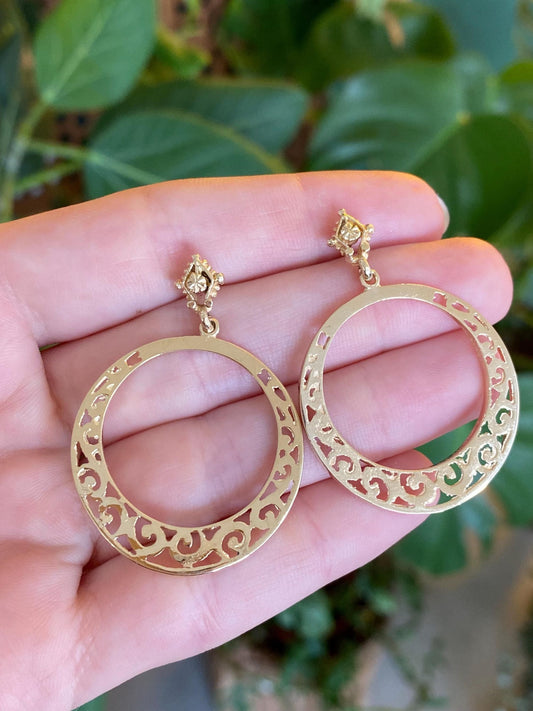 Vintage Solid 14k Yellow Gold Open Work Hoop Dangle Stud Earrings