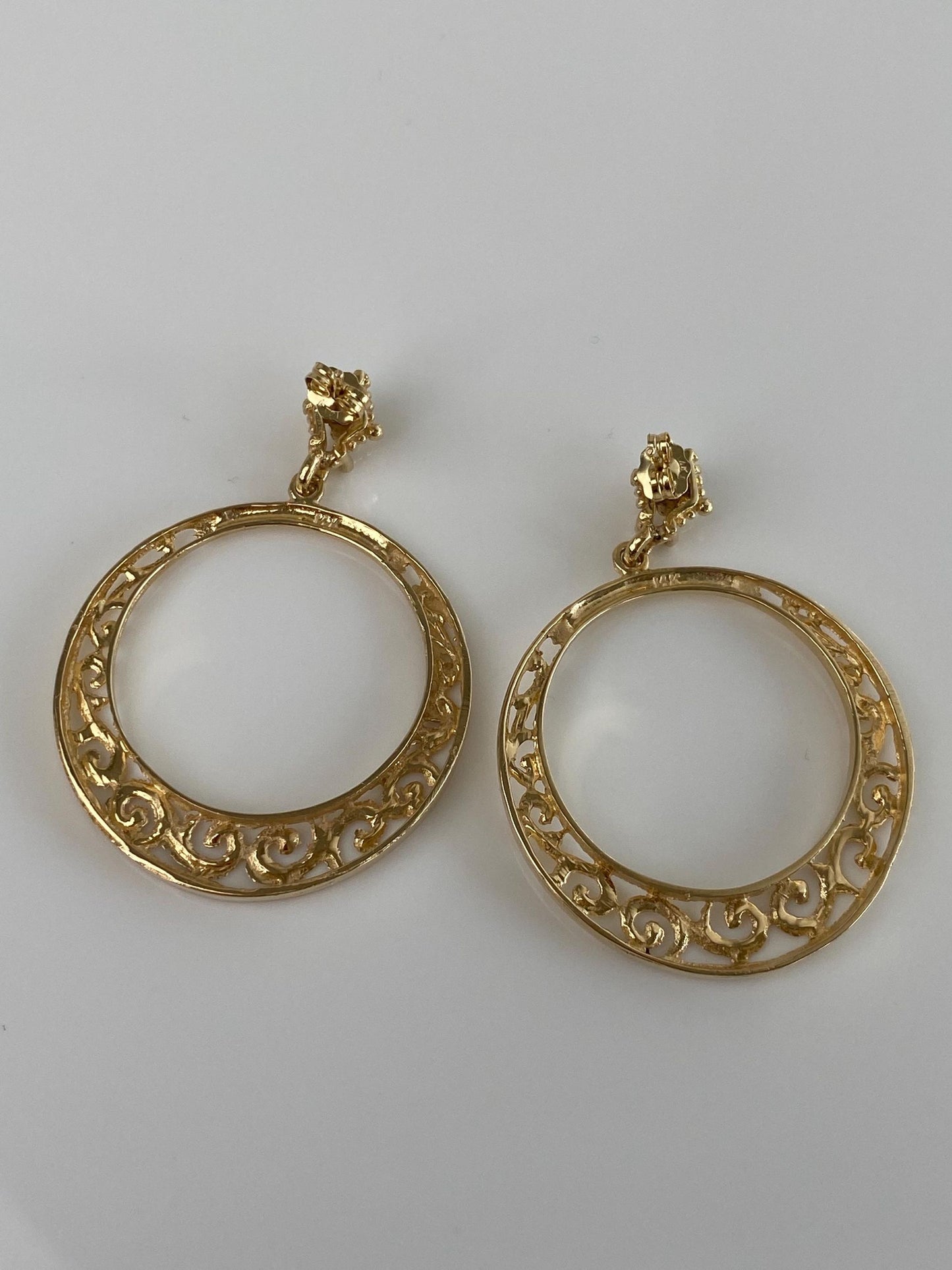 Vintage Solid 14k Yellow Gold Open Work Hoop Dangle Stud Earrings