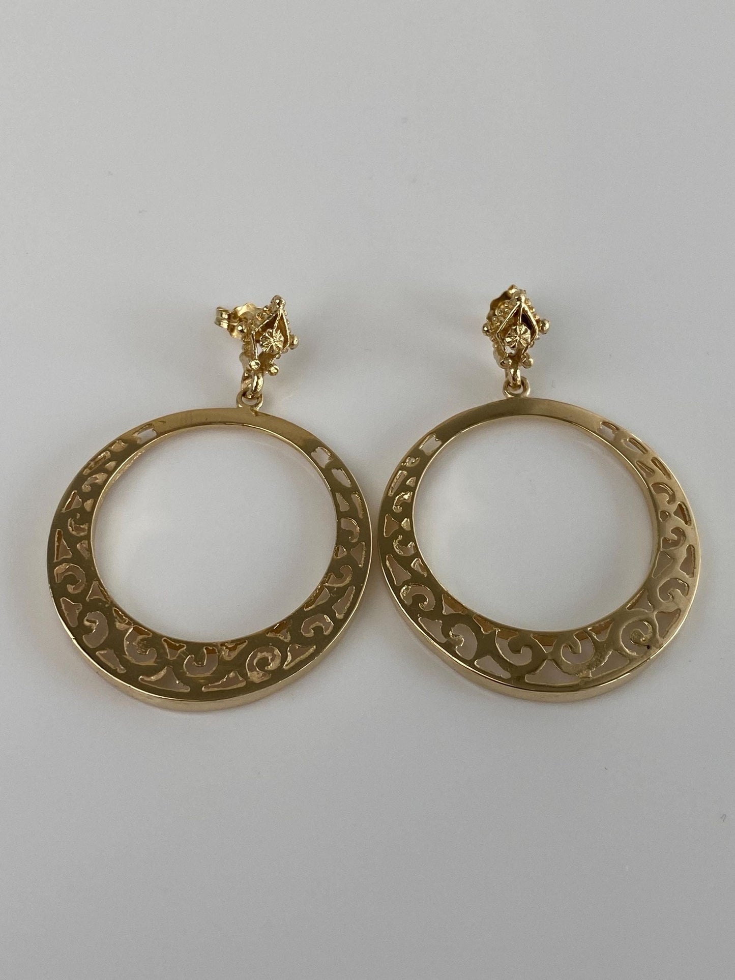 Vintage Solid 14k Yellow Gold Open Work Hoop Dangle Stud Earrings