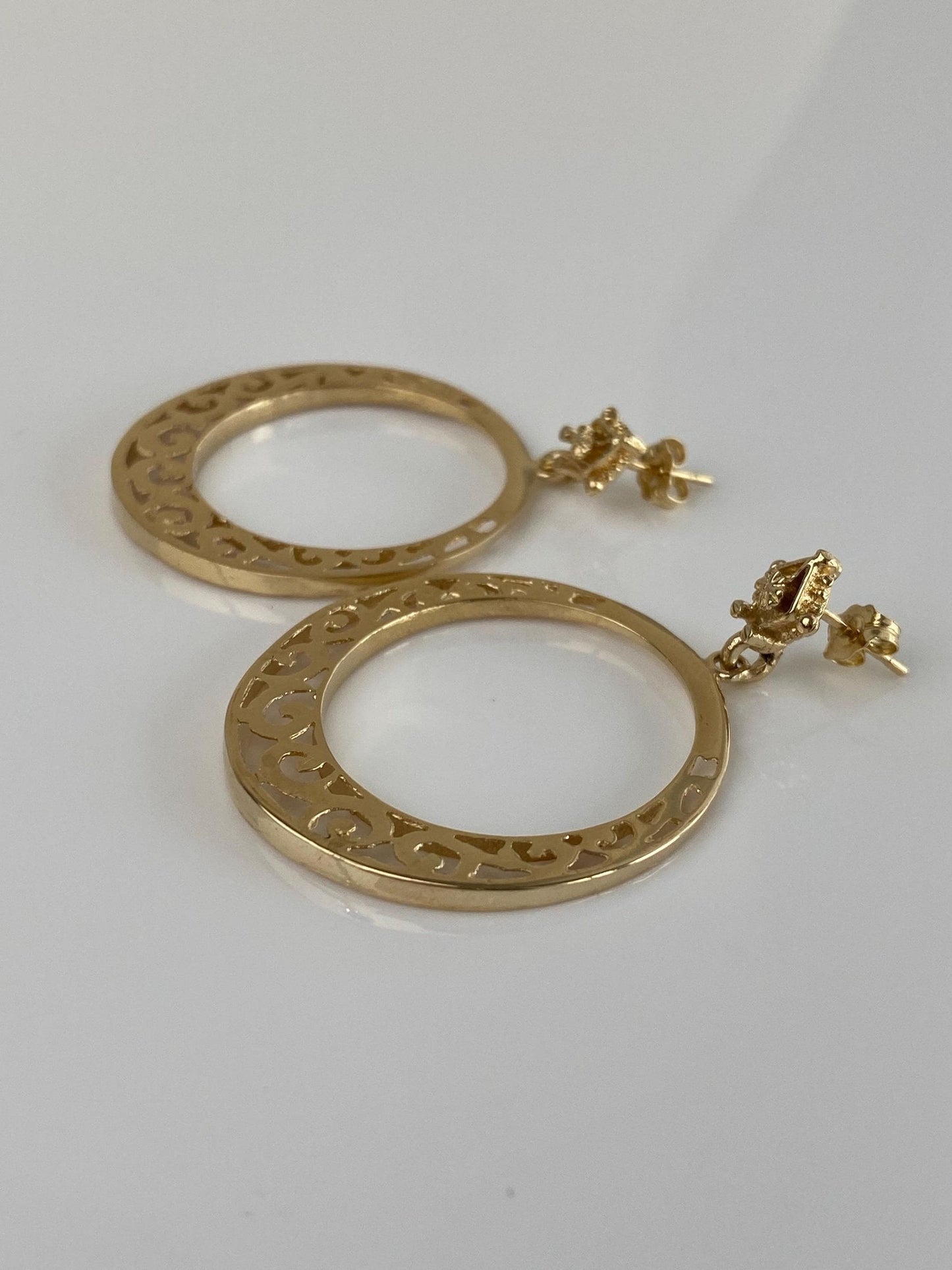 Vintage Solid 14k Yellow Gold Open Work Hoop Dangle Stud Earrings