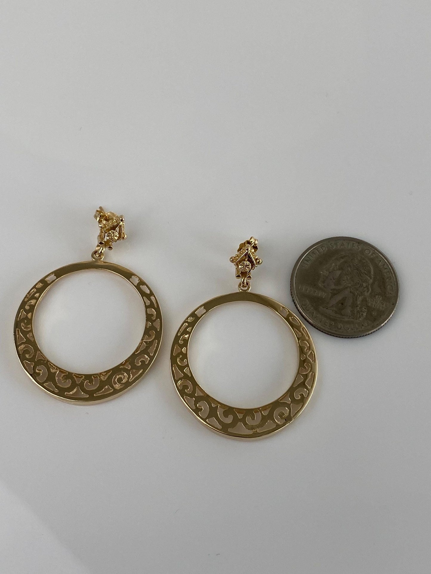 Vintage Solid 14k Yellow Gold Open Work Hoop Dangle Stud Earrings
