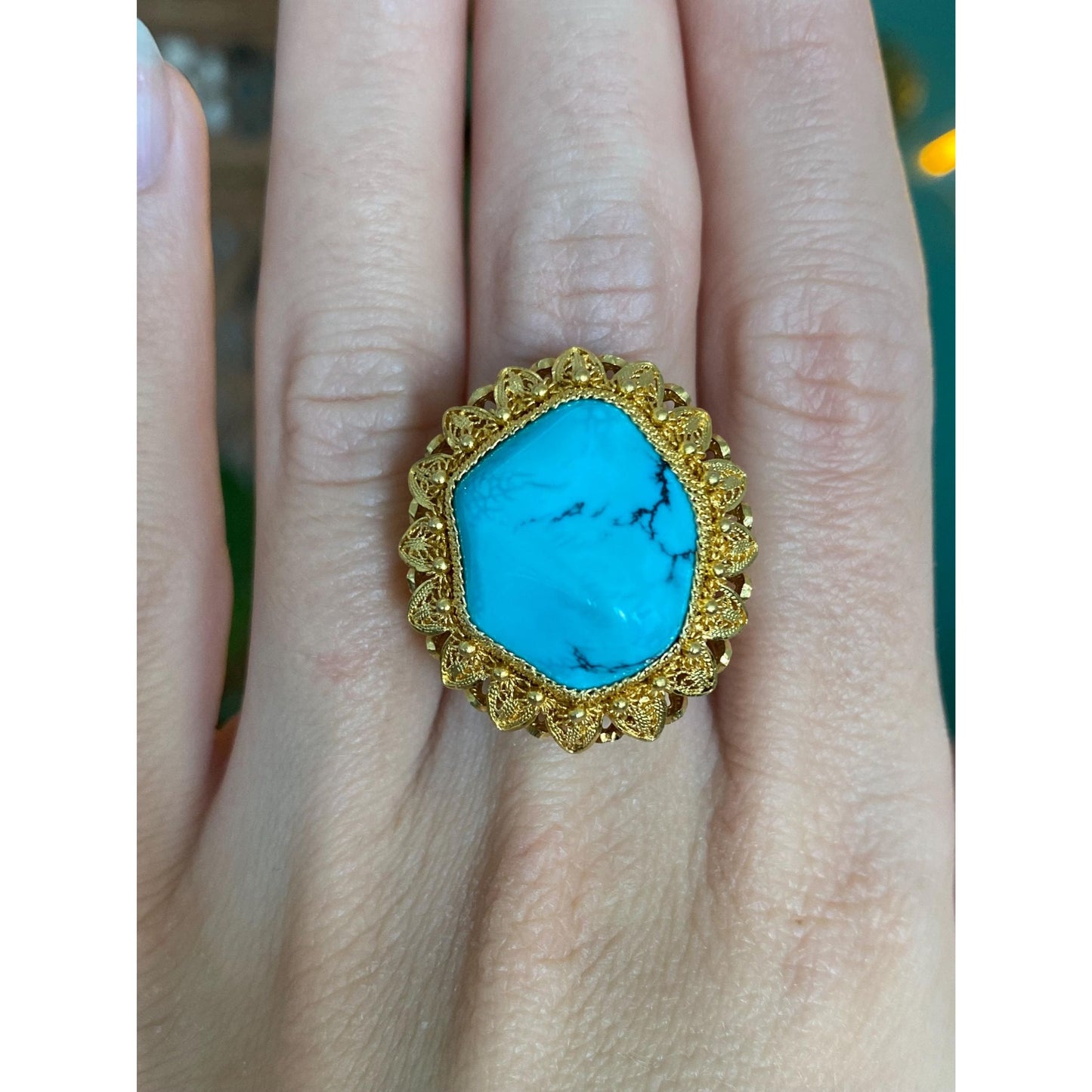 Vintage Solid 14k Yellow Gold Turquoise Ring - Size 4.75