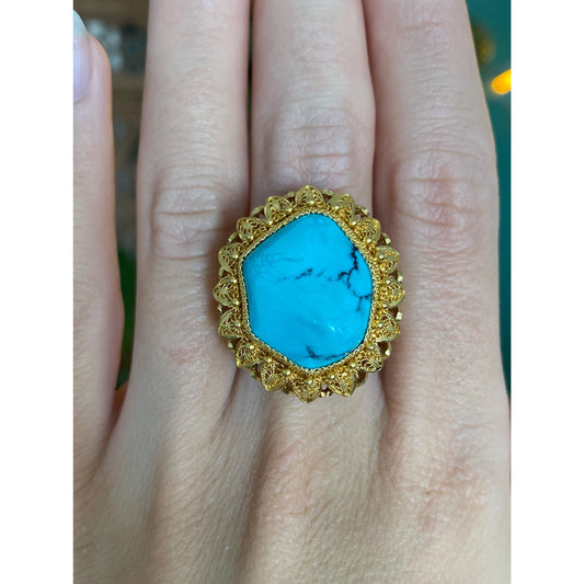 Vintage Solid 14k Yellow Gold Turquoise Ring - Size 4.75