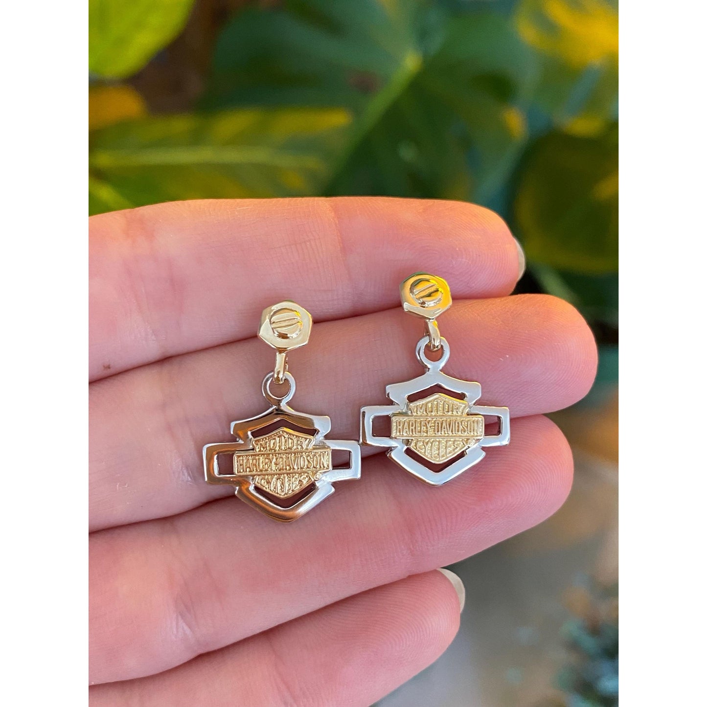 Vintage Solid Platinum & 14k Yellow Gold Harley Davidson Dangle Stud Earrings