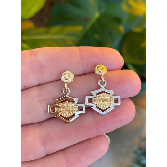 Vintage Solid Platinum & 14k Yellow Gold Harley Davidson Dangle Stud Earrings