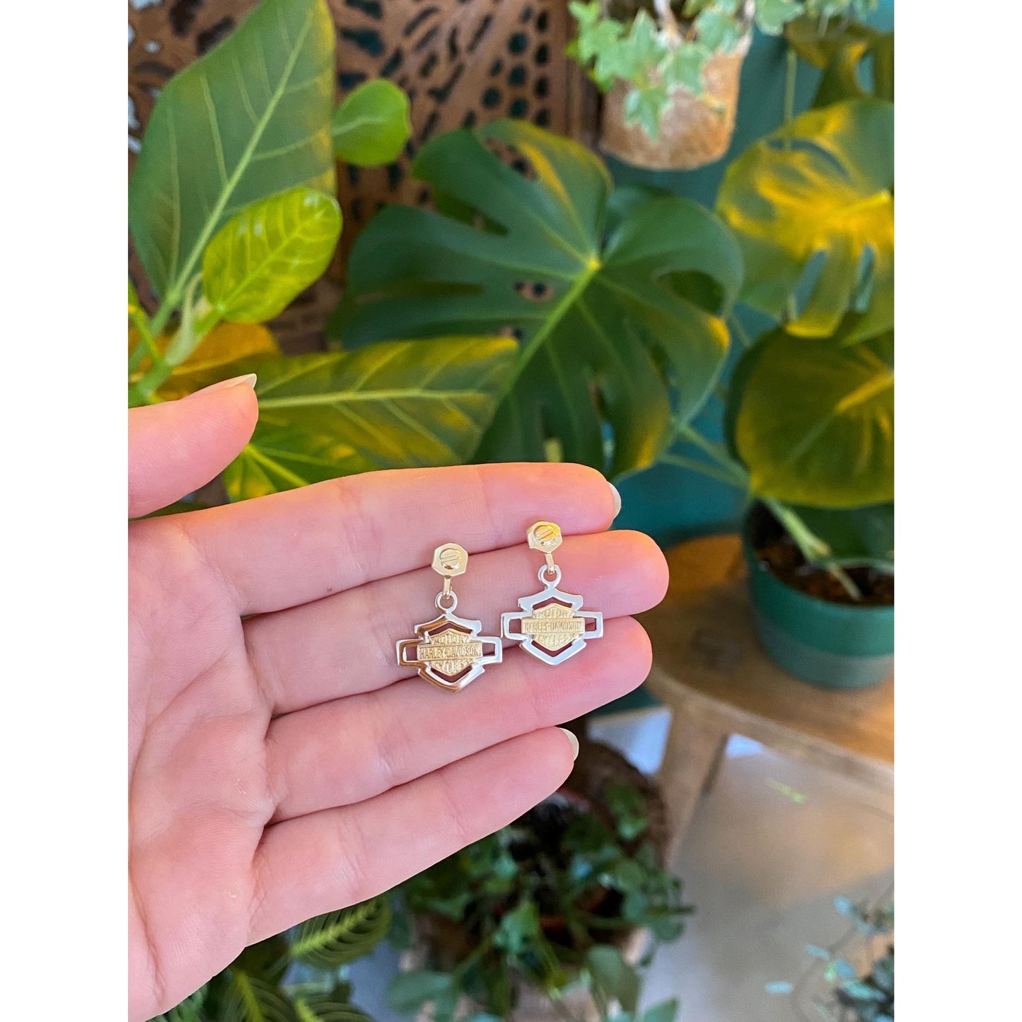 Vintage Solid Platinum & 14k Yellow Gold Harley Davidson Dangle Stud Earrings