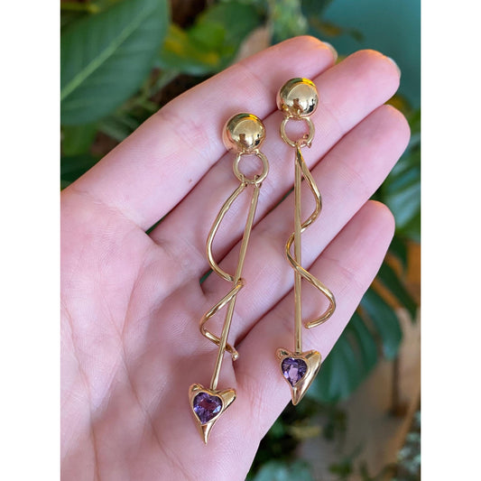 Vintage 14k Yellow Gold Amethyst Heart Spiral Dangle Stud Earrings