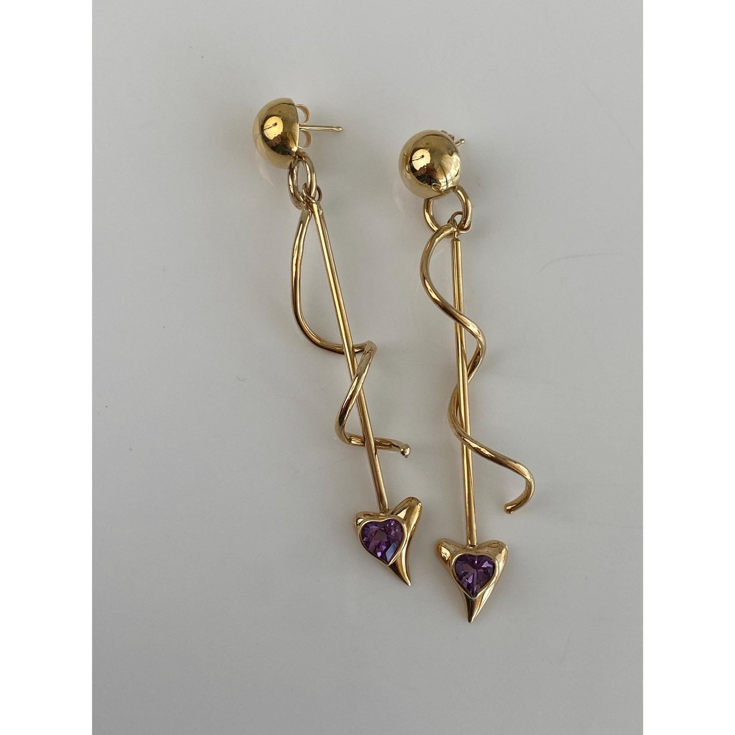 Vintage 14k Yellow Gold Amethyst Heart Spiral Dangle Stud Earrings