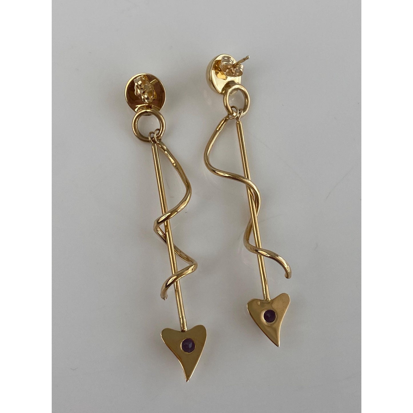 Vintage 14k Yellow Gold Amethyst Heart Spiral Dangle Stud Earrings