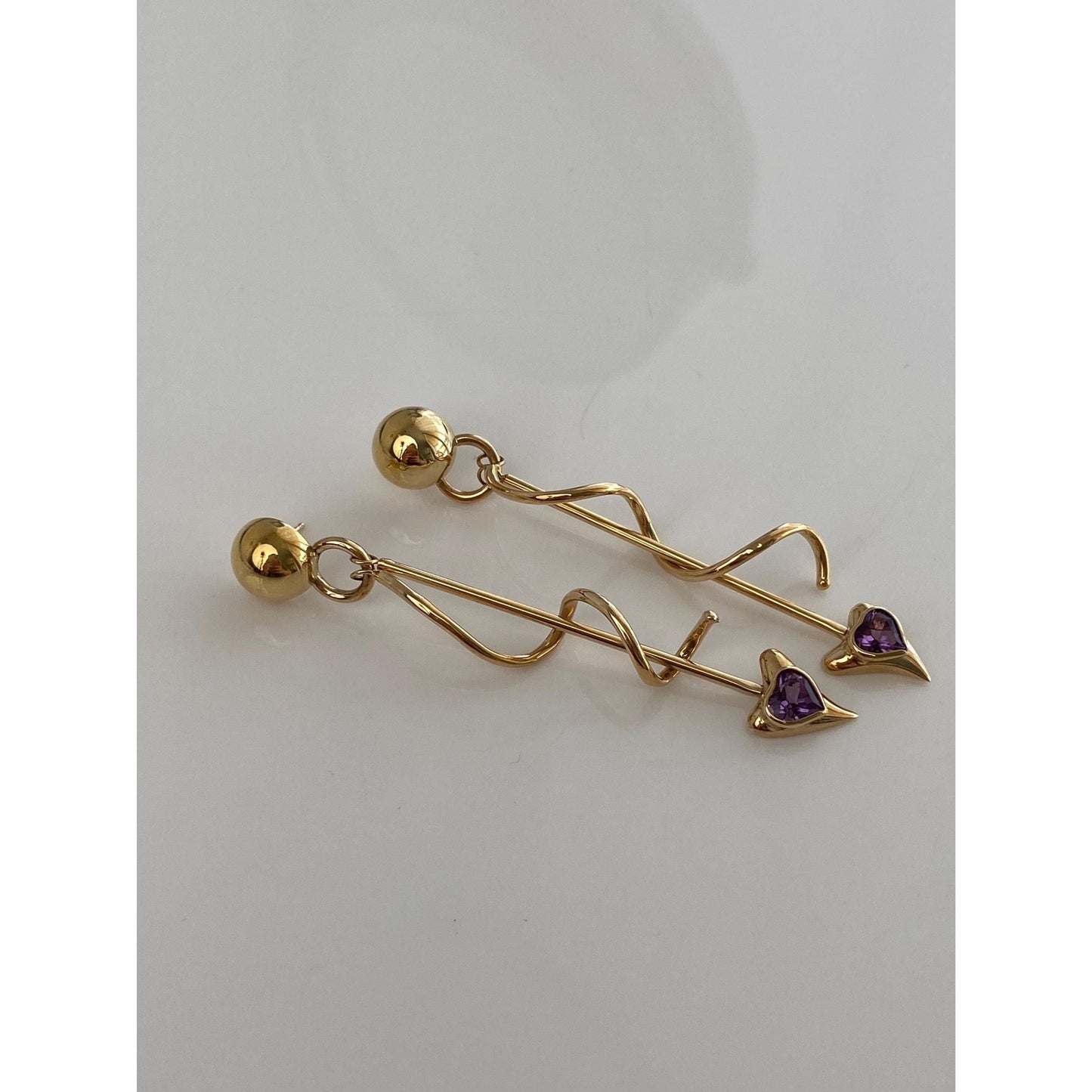 Vintage 14k Yellow Gold Amethyst Heart Spiral Dangle Stud Earrings