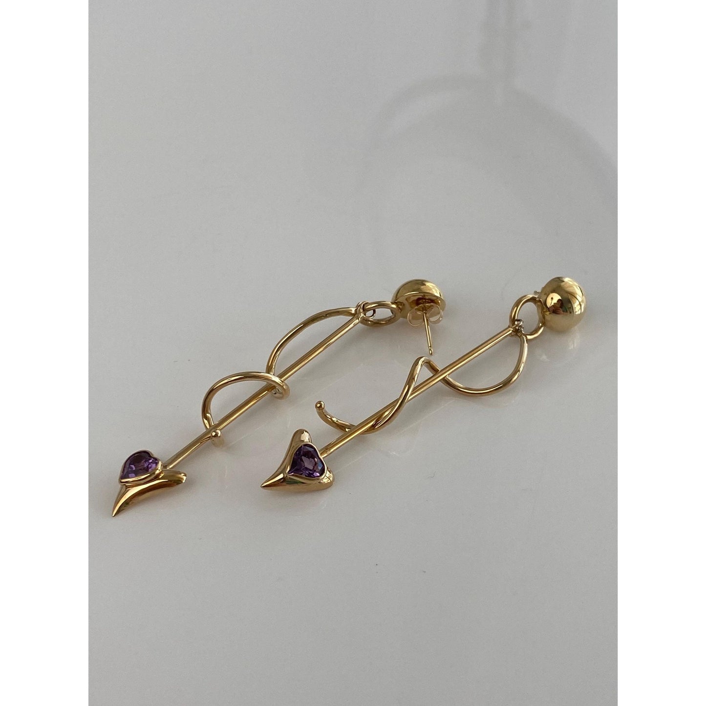 Vintage 14k Yellow Gold Amethyst Heart Spiral Dangle Stud Earrings