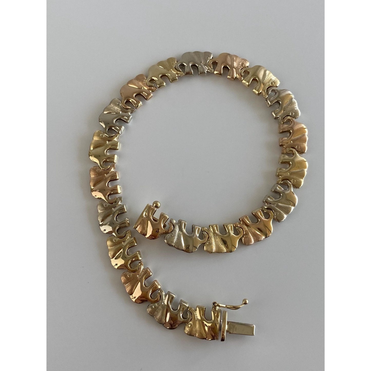 Vintage 14k Solid Tri Tone Gold Elephant Link Bracelet - 8 inches