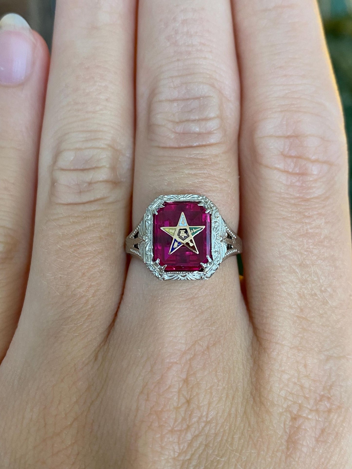 Vintage Solid 14k White & Yellow Gold Pink Sapphire Eastern Star Freemason Ring - Size 5.75