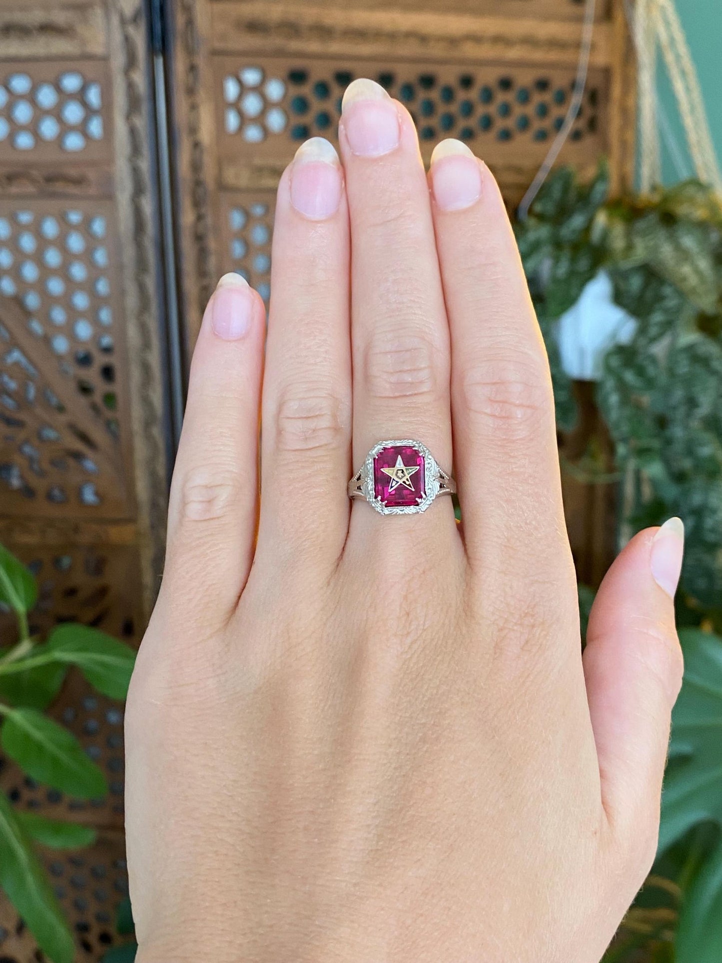 Vintage Solid 14k White & Yellow Gold Pink Sapphire Eastern Star Freemason Ring - Size 5.75