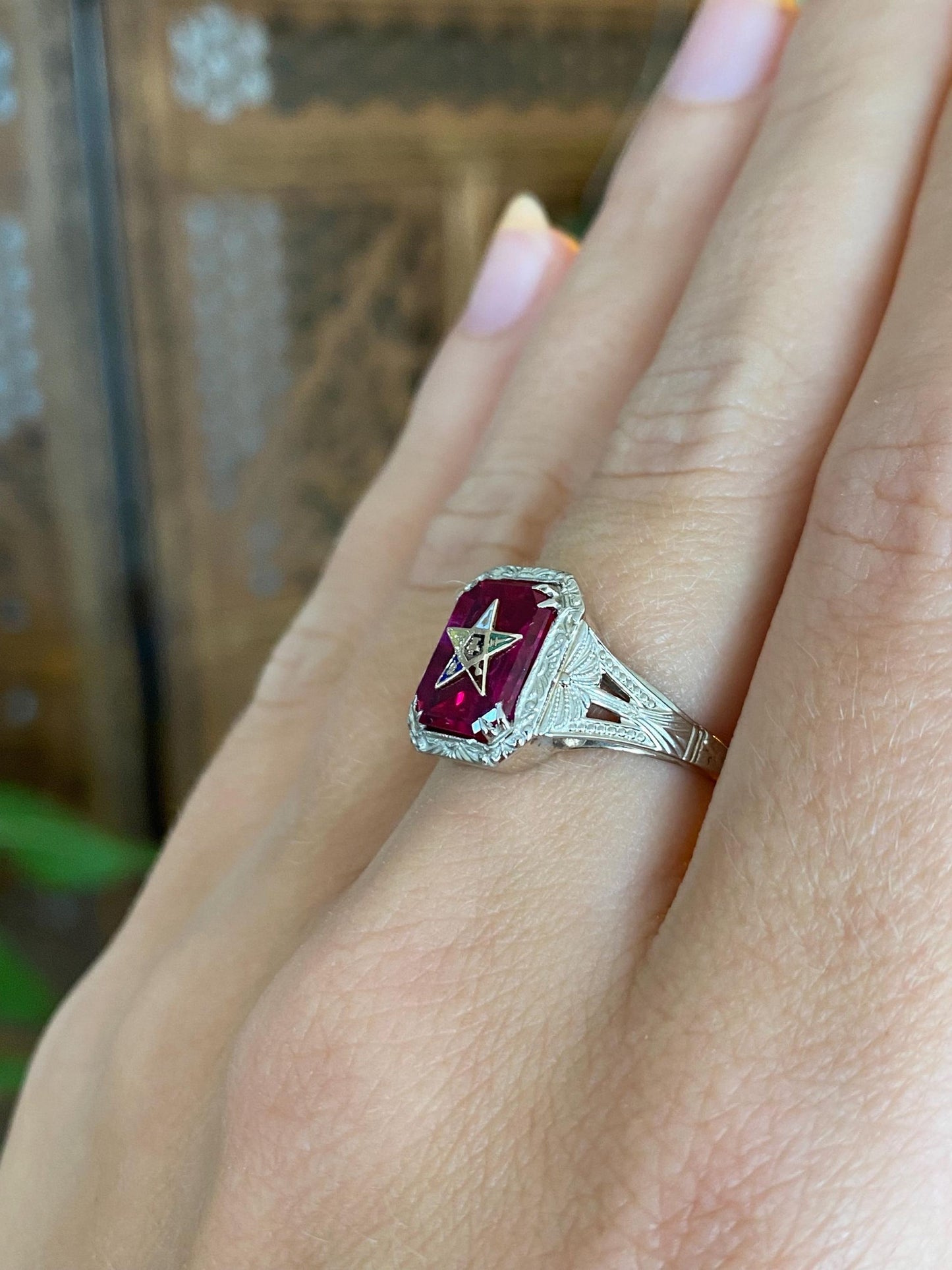 Vintage Solid 14k White & Yellow Gold Pink Sapphire Eastern Star Freemason Ring - Size 5.75